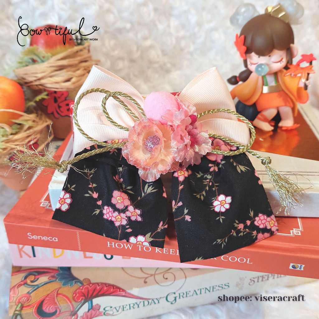 Bowtiful Sweet Sakura Printed Cotton Bow Lunar New Year Premium Hairpin per 1pc Headpiece Jepit Ramb