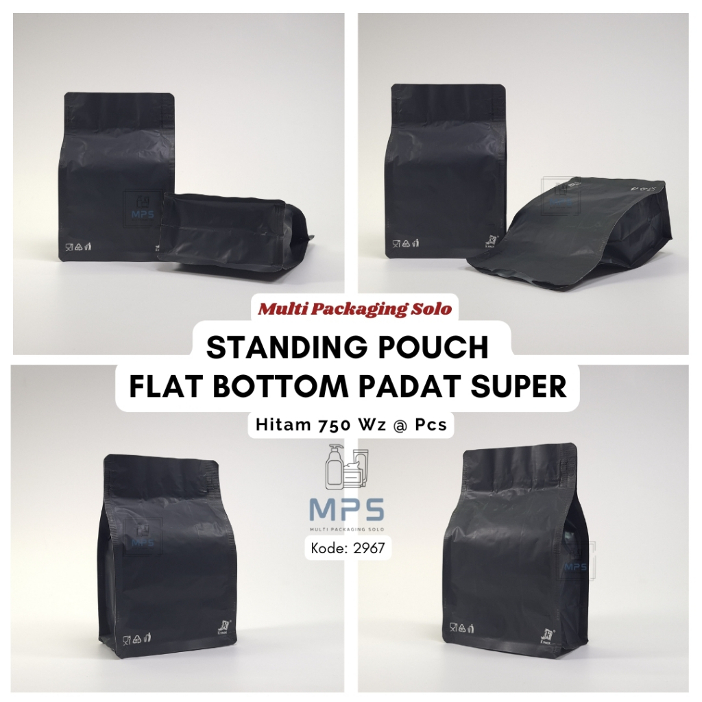 Flat Bottom Padat Super Hitam 750 Wz @ Pcs / Flat Bottom / Plastik Kemasan / Kemasan Kopi / Kemasan 