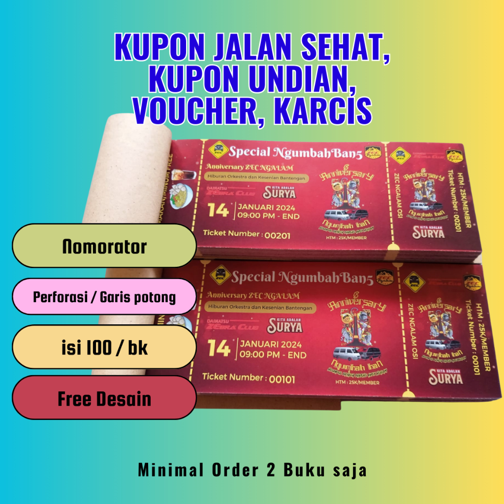

Bahan ART PAPER Kupon Jalan Sehat / Undian / Voucher Free Desain isi 100/bk