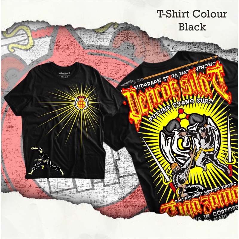 Kaos PSHW Pencak Silat Tiga Zaman Putune Eyang Suro Motif Warna Kuning Bersinar Desain Kece