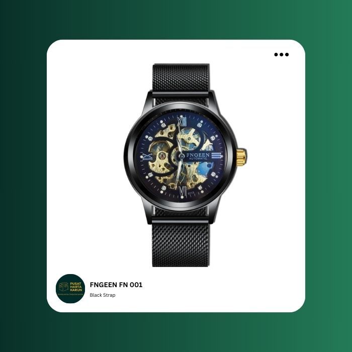 (ORIGINAL 100%) FNGEEN Mekanik Otomatis Jam Tangan Hitam Pria Luxury Best Seller Strap Hitam Origina