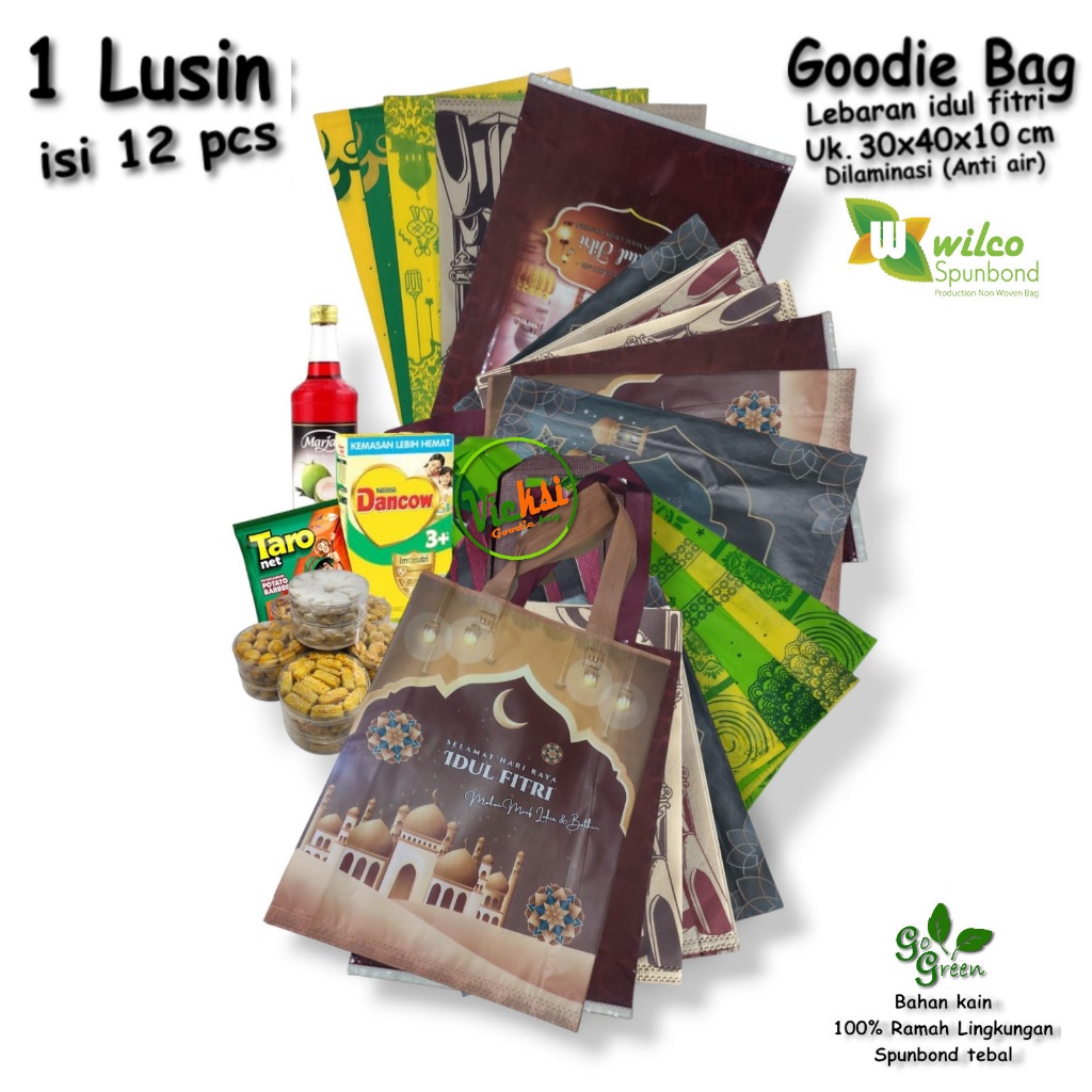 

1 Lusinan isi 12 pcs Tas Kain Spunbond Goodie Bag Laminasi Anti Air Lebaran Idul Fitri 2024 Ukuran 30x40 Untuk Bingkisan Parcel Hantaran Sembako kemasan santunan ramadhan Shopping bag Lipat Serbaguna Murah by Wilco spundbond paper bag