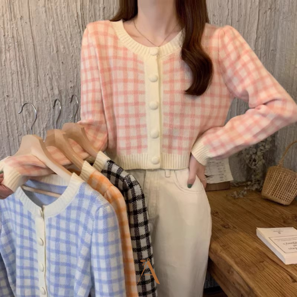 [READY] COUTURADY - AY3 | Tulip Cardigan Gingham Checked Rajut Korea Wanita Sweater