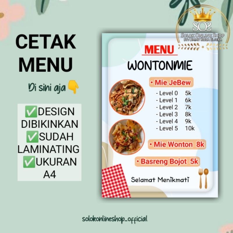 

CETAK MENU ORDER FREE DESAIN FREE LAMINATING UKURAN A4