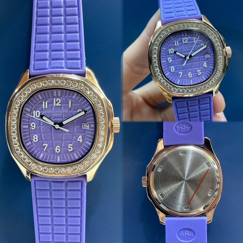 JAM TANGAN WANITA PP PATEK PHILIPPE AQUANUT DIAMOND RING ROSEGOLD KARET UNGU PREMIUM JAPAN AAA TANGG