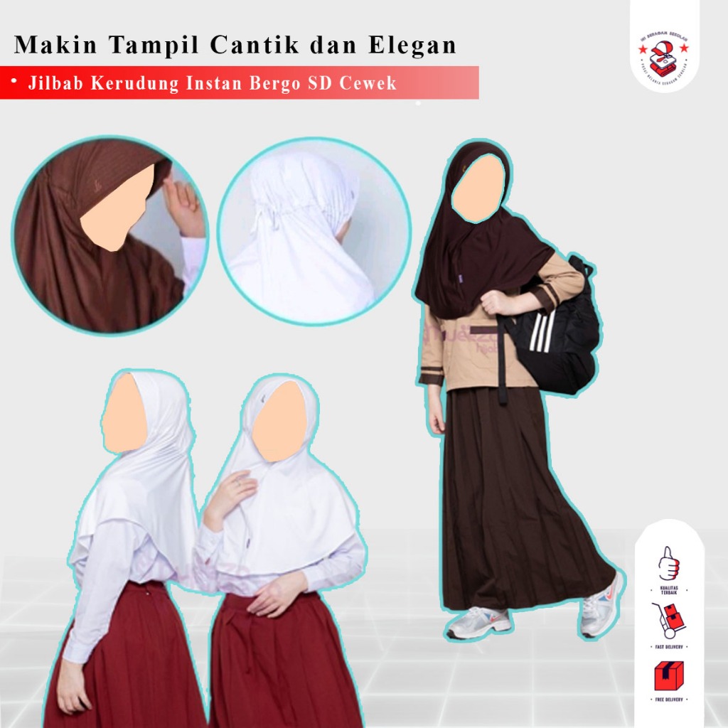 Seragam Sekolah Jilbab Kerudung Instan Bergo Jersey Pet Tali Anak SD SMP SMA Warna Putih Hitam Cokla