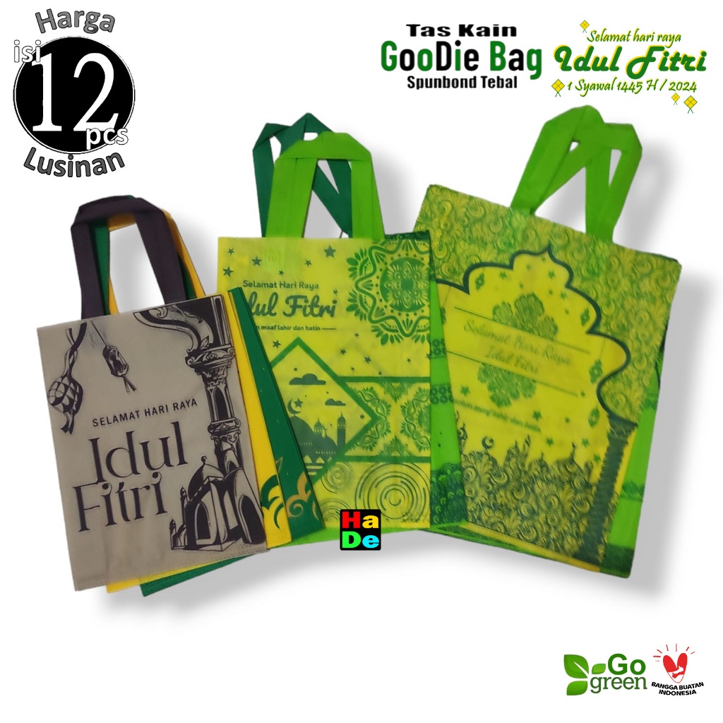 

1 Lusinan isi 12 pcs Tas Kain Spunbond Goodie Bag Tulisan Custom Sablon Lebaran Idul Fitri 2024 Termurah Kantong Belanja sembako Goodybag Bingkisan Souvenir snack, hampers paper bag Hantaran Kue kering Ukuran Kecil Besar Jumbo 25x35 30x40 38x45