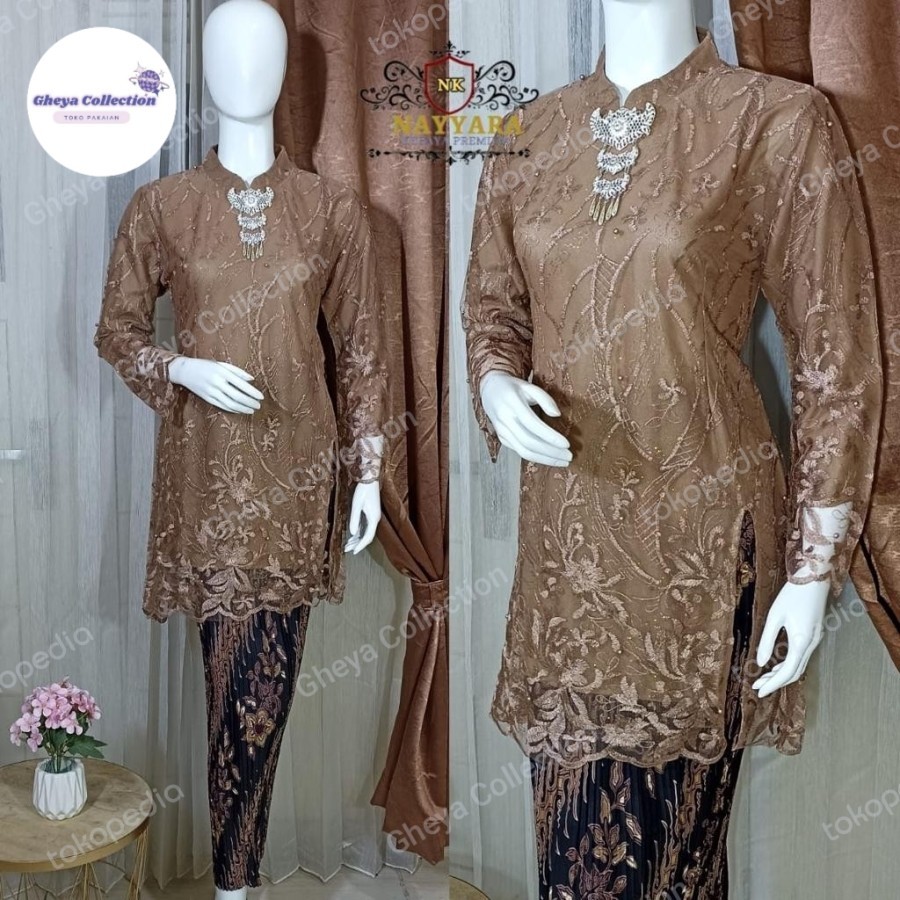 Setelan kebaya tunik tile mutiara modern / atasan kebaya tunik wanita - Mocca