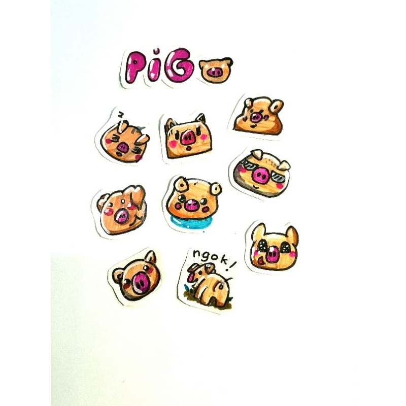 

Stiker karakter pig babi lucu kartun lucu digambar handmade buatan anak SD