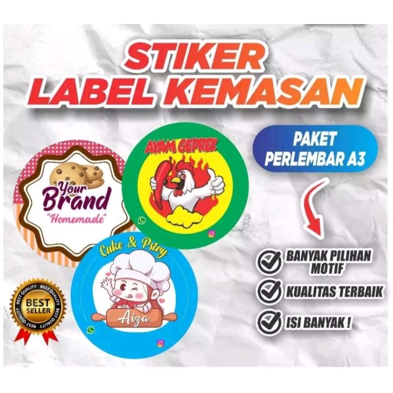

CUSTOM STIKER / Stiker Logo Label kemasan makanan Lembaran A3 isi banyak murah