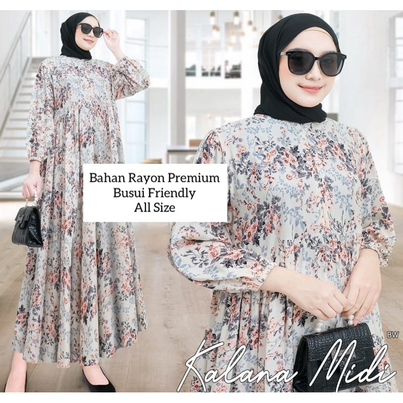 MIDI DRESS WANITA RAYON  / GAMIS RAYON ADEM BUMIL BUSUI FRIENDLY JUMBO-Kalana Krem
