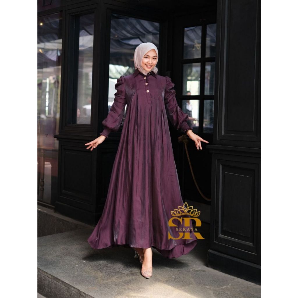 Serayaofficiall Arumi Laila Shimmer Dress Wanita Muslim Kancing Depan Lengan Panjang Balon Karet Mew