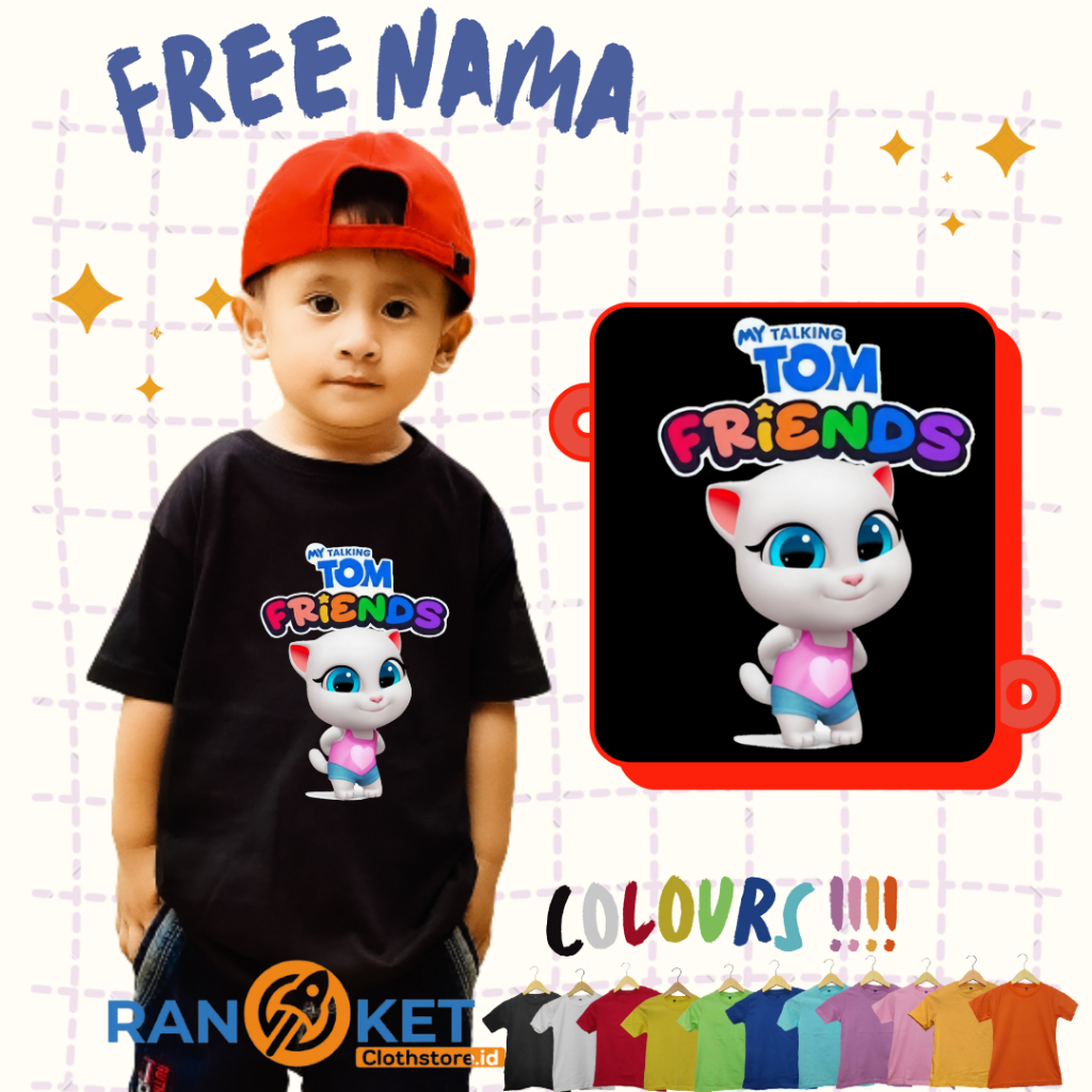 Kaos Anak Angela Talking Tom | Baju Anak Angela Talking Tom | Kaos Anak Sablon DTF Laki laki dan Per