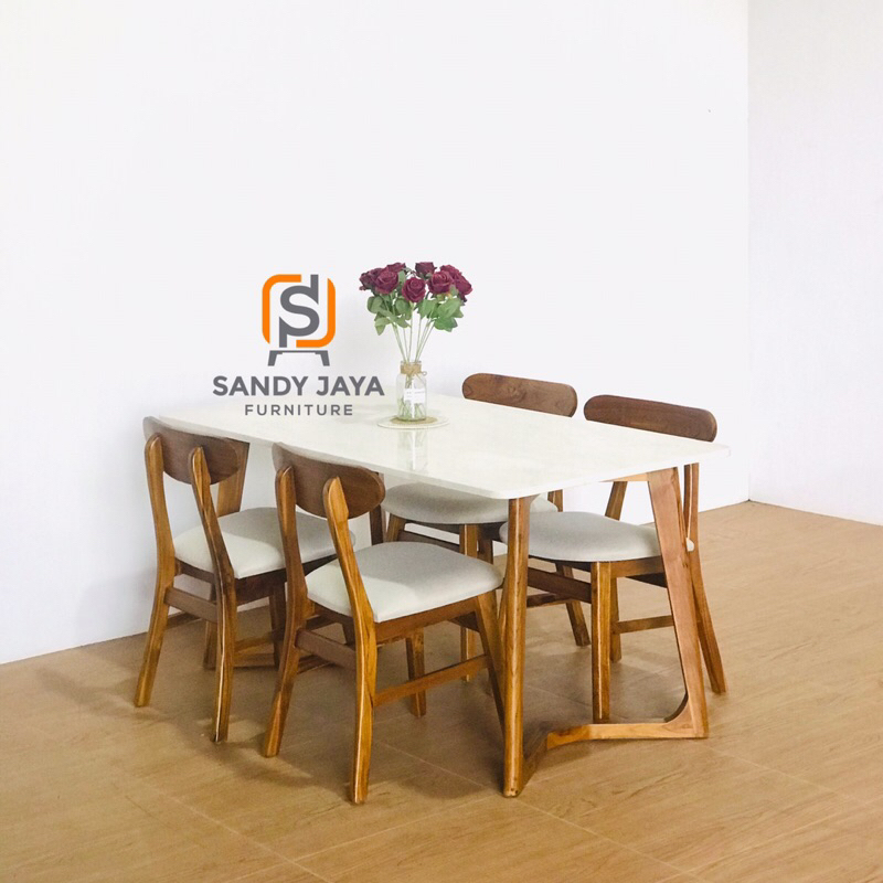 Promo Set meja makan marmer viola 4 kursi jati, meja makan minimalis jati, meja makan marmer