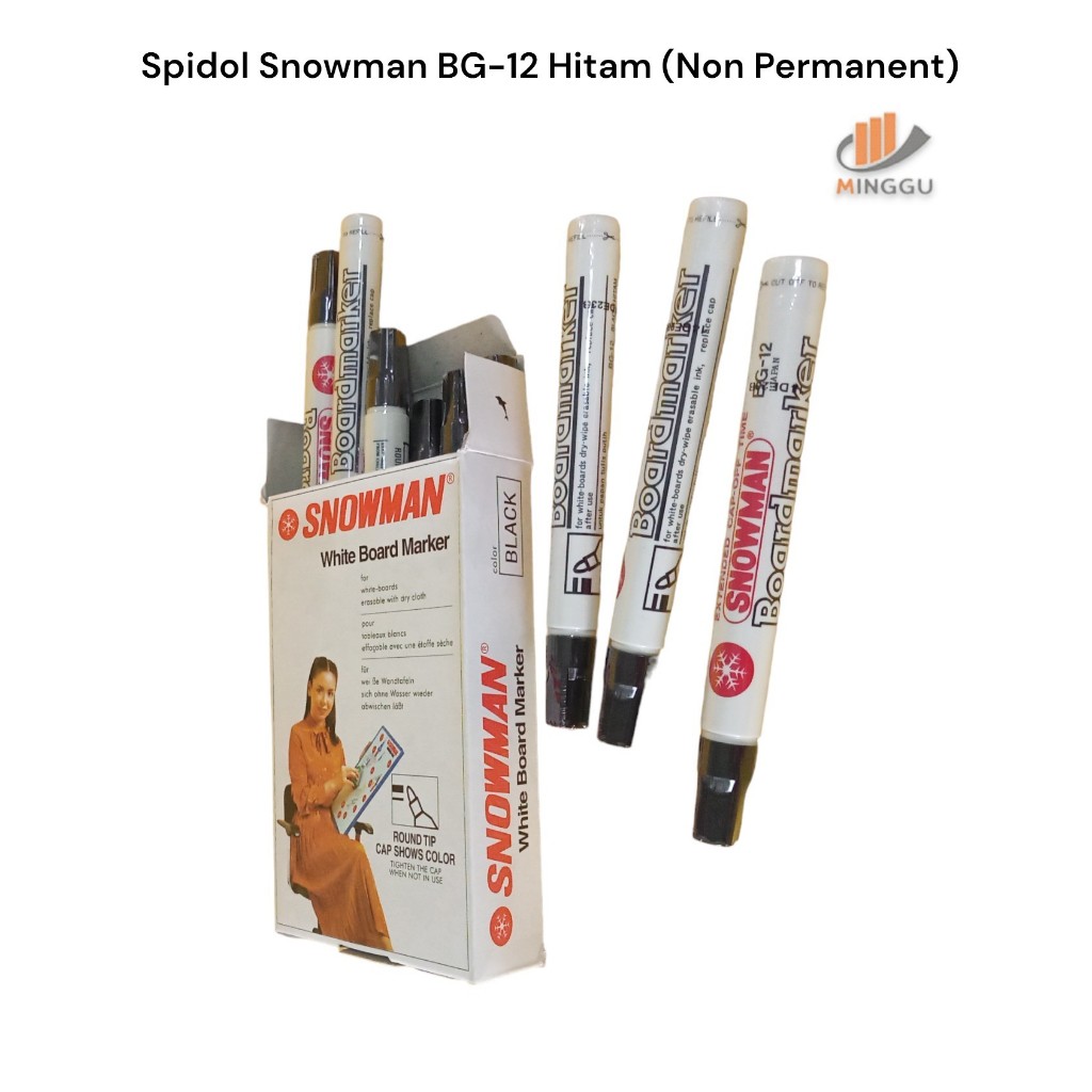 

[ 1 PAK / 12 pcs ] Spidol Snowman BG-12 Hitam (Non Permanent)