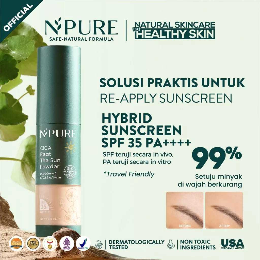 NPURE Sunscreen Powder Cica / Beat the Sun Powder / Sunscreen Bedak & Brush / Bedak Bebas Kilap Miny