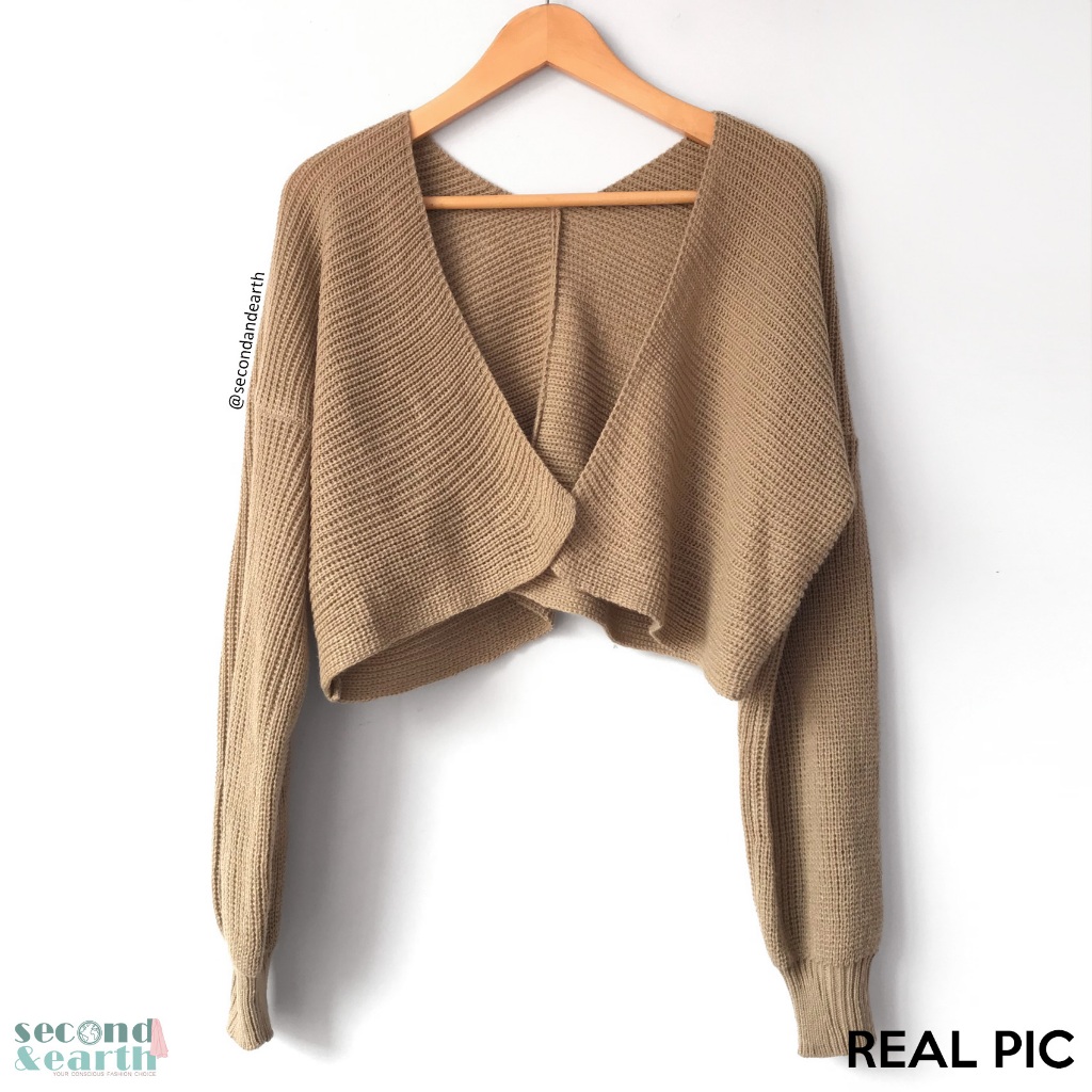 Cardigan Rajut (XS-M) Luaran Kardigan Lengan Panjang Crop Coklat Muda Polos Long Sleeve Oversized Ou