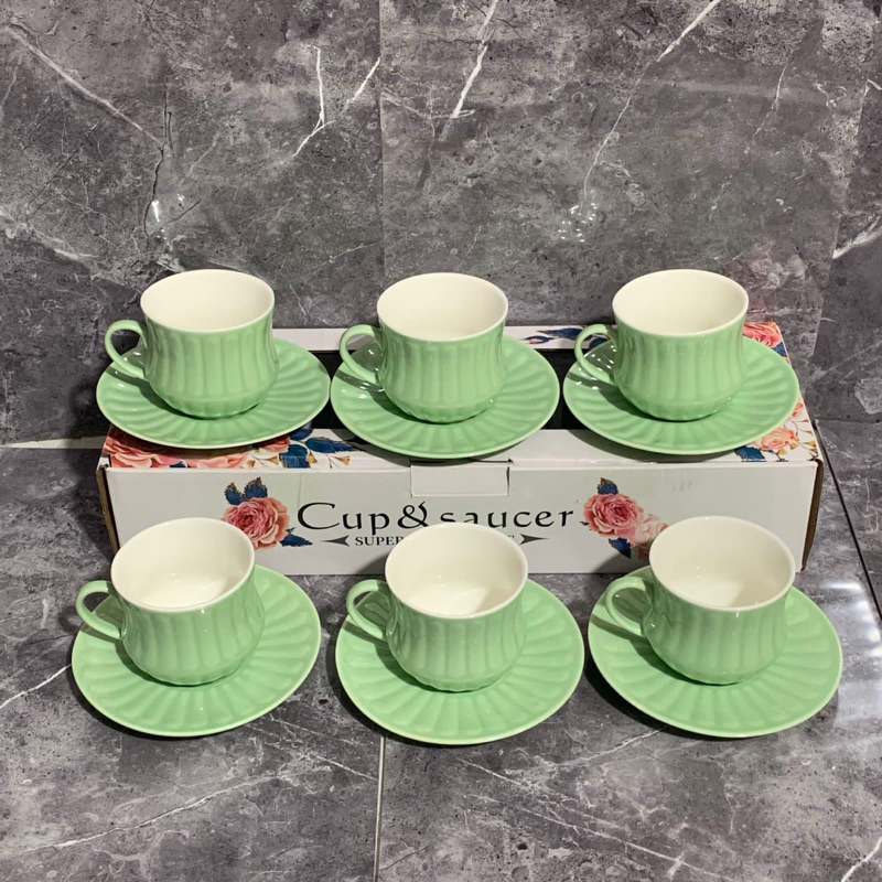 CANGKIR ESTETIK ISI 6 CUP & SAUCER KERAMIK