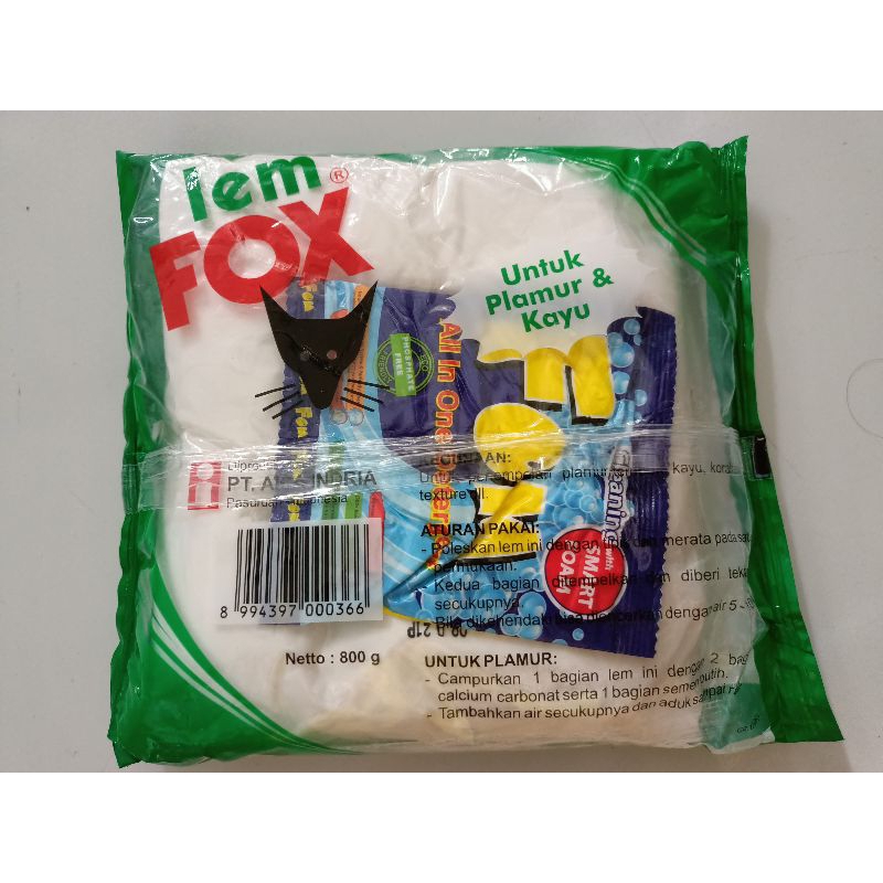 Lem Perekat Kayu FOX Putih PVAc Bungkus Hijau Plamur / Kertas / Kayu 800 Gram