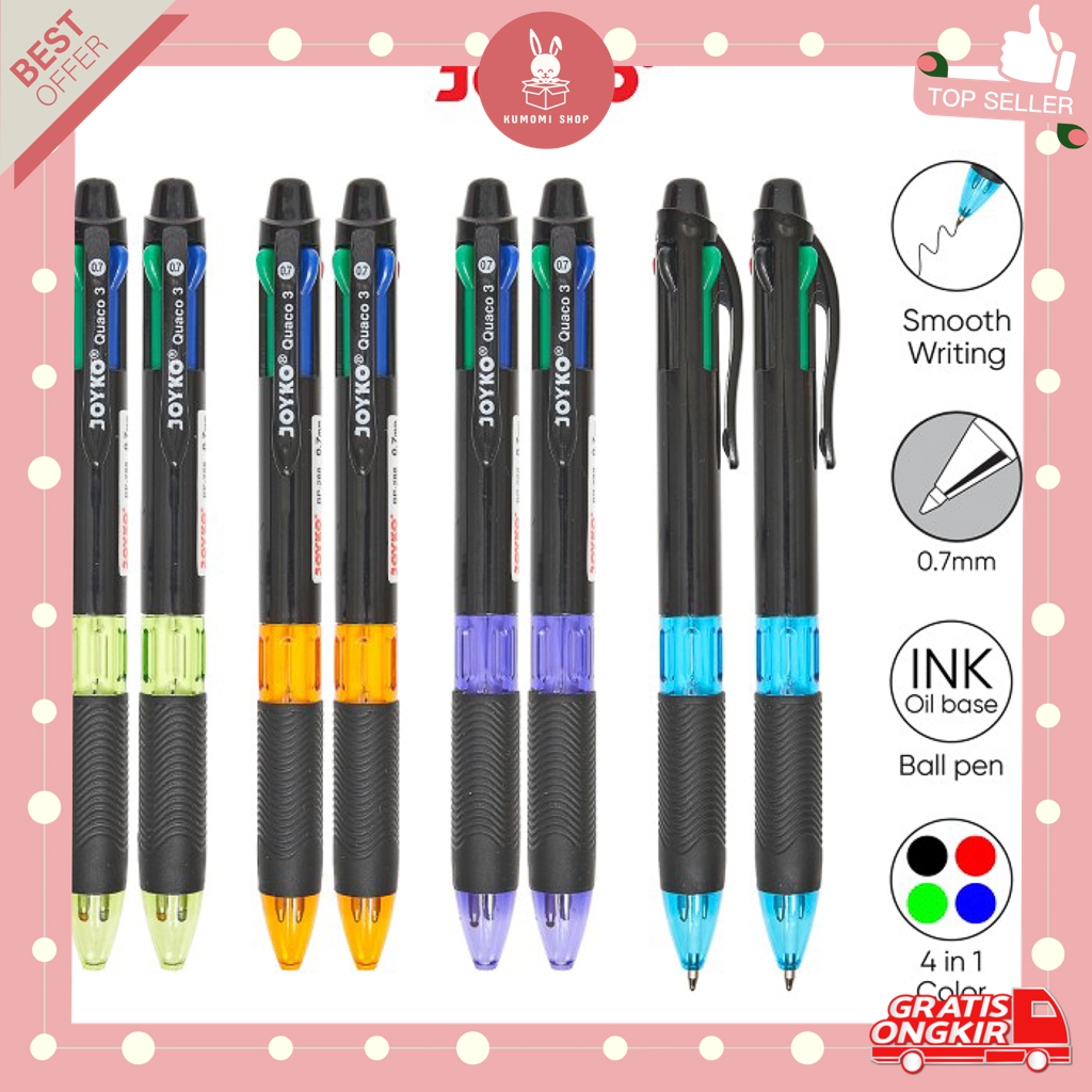 

KUMOMI - Pulpen Joyko Quaco 3 BP-288 0.7mm / Ballpoint 4 Color Warna / Pen 4 in 1 / Perlengkapan Kantor / Perlengkapan Sekolah