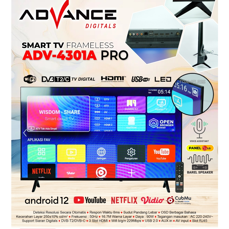 (FREE BUBLE WRAP) Advance Smart TV ADV-4301A PRO - Android TV 43inch - 12 HD Panel LG tanpa STB - Wi
