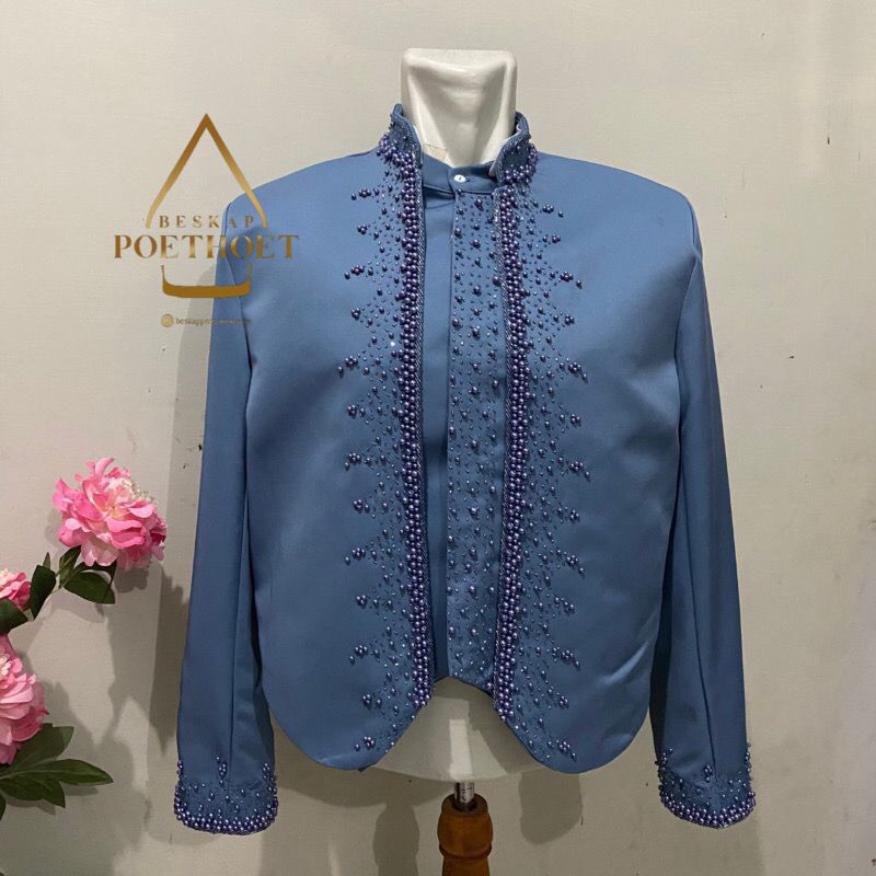 Jas pengantin beskap Jawa Solo hewes kroak biru denim blue payet bahan matte premium