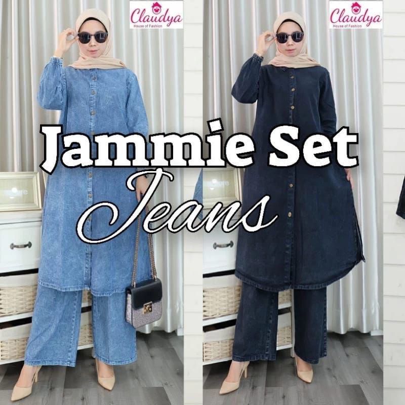 Jammie One Set Long Jeans Wash Premium High Quality/Baju Setelan Jeans Wanita Jumbo Long Tunik Top C