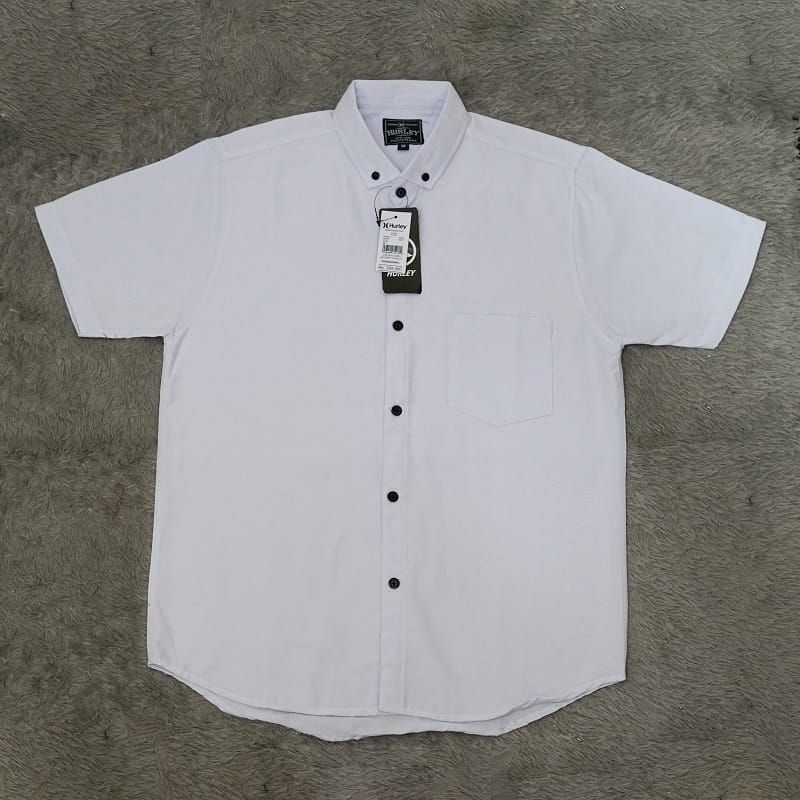 Kemeja Polos Putih Pria Lengan Pendek Bahan Katun Poplin Oxford Slimfit Hurley