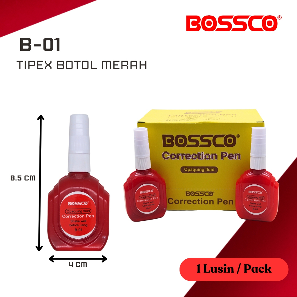 

Grosir 1 Dus isi 432 Pcs BOSSCO Correction Pen / Tipe X / Tipe Ex / Tip Ex Merah Cair