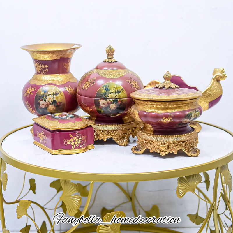 Pajangan Keramik Emas Merah Maroon Vas Bunga Keramik Antik Coklat Klasik Antik Guci Merah Motif Bung