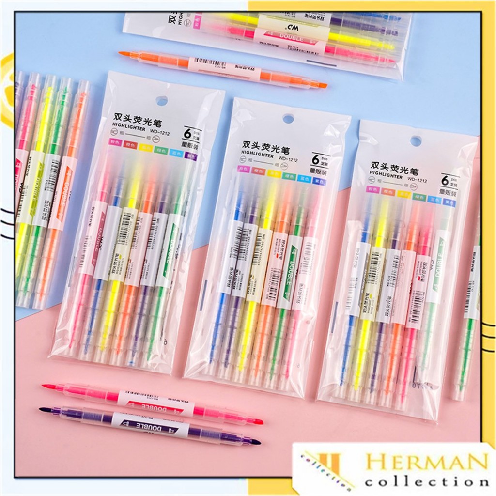 

HC Set Highlighter Dua Sisi Warna isi 6Pcs Pen 2 sisi Diary Marker Stationery Lucu Unik Penanda Buku Warna Warni Pena Penanda Kepala Ganda 2 Arah