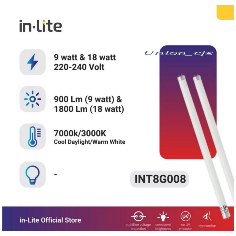 Lampu LED TL T8 9watt Putih 6500K/Kuning 3000K Inlite 60cm lampu saja