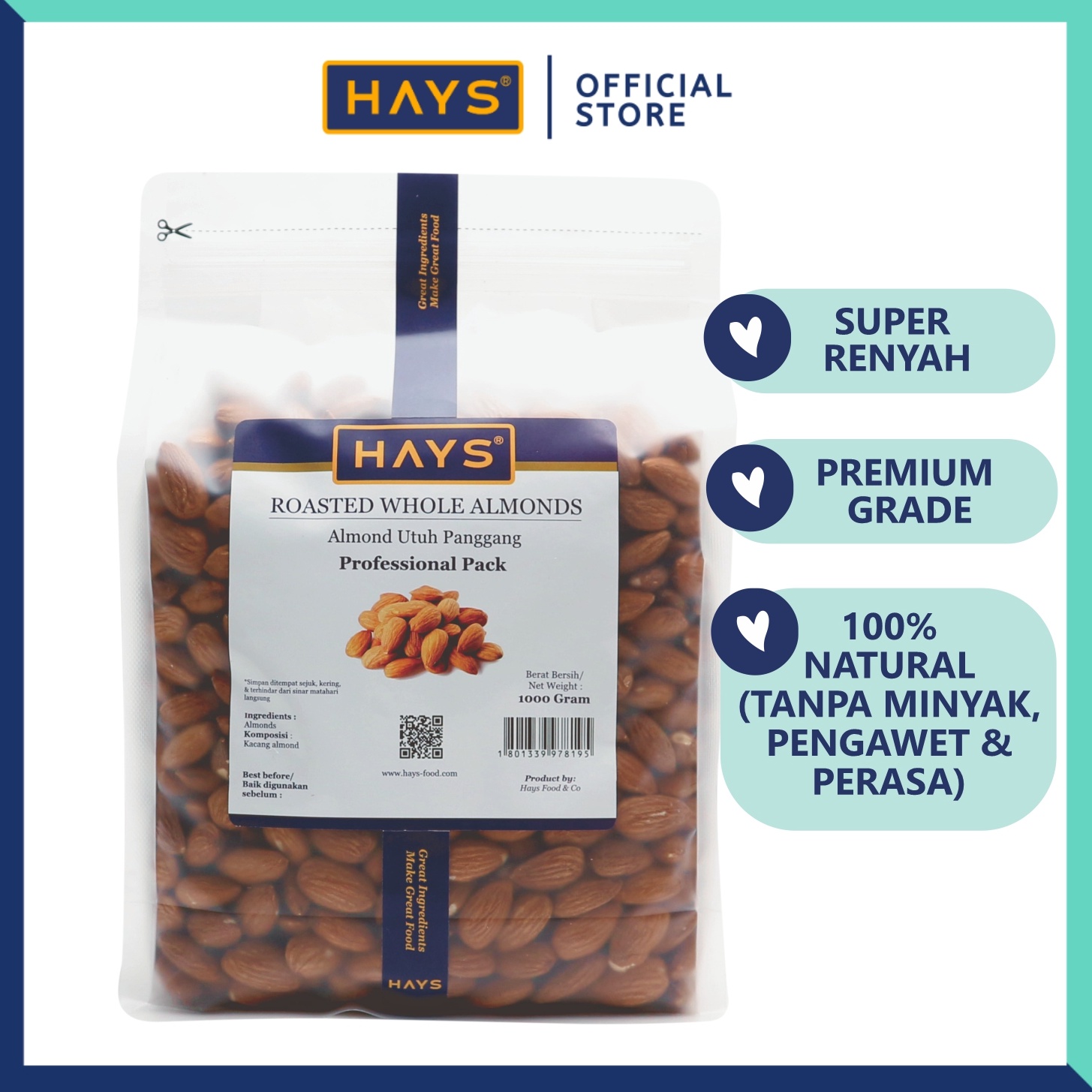 

KODE S62G Almond Utuh Panggang 1KG Roasted Whole Almond 1KG HAYS