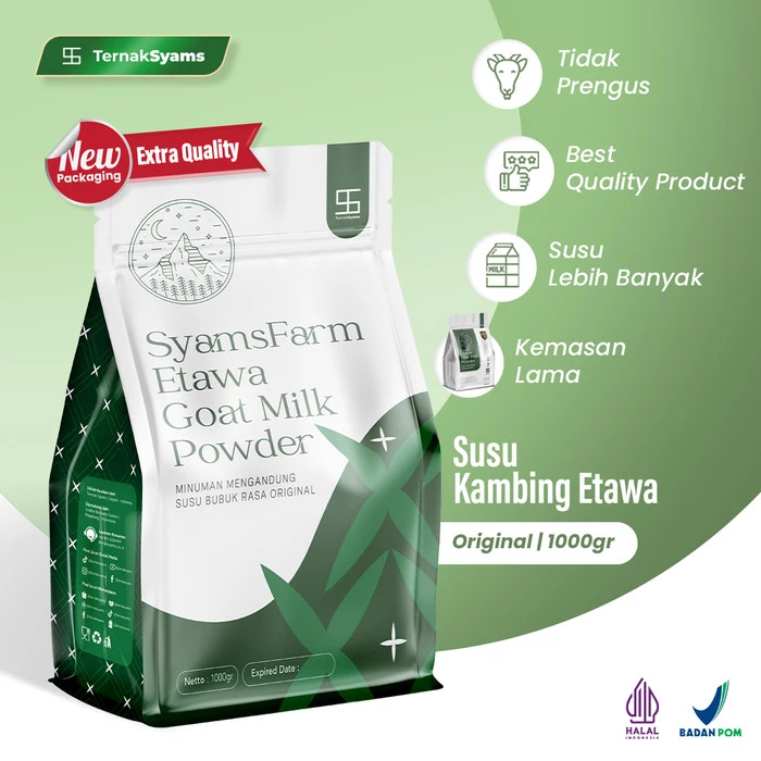 

TERNAK SYAMS - SyamsFarm Platinum Flavor Goat Milk Powder - Susu Kambing Etawa Bubuk 1000g, Rasa Original, BPOM Halal, Cair & Alami