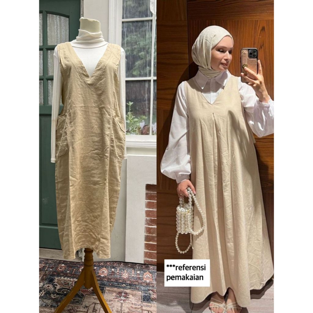 BOoKED preloved midi overall dress - earth tone vintage cottage dress V neck overall old money