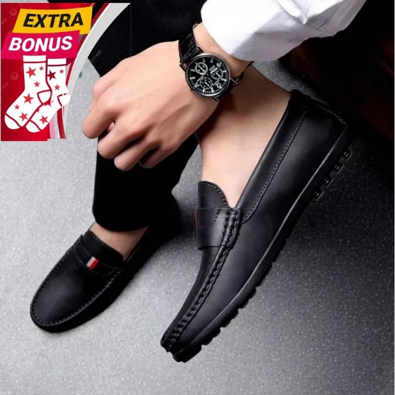 Sepatu Pantofel Pria Hitam Tanpa Tali Kulit sintetis Kerja Kantor Casual Slop Slip On Pantopel Cowok