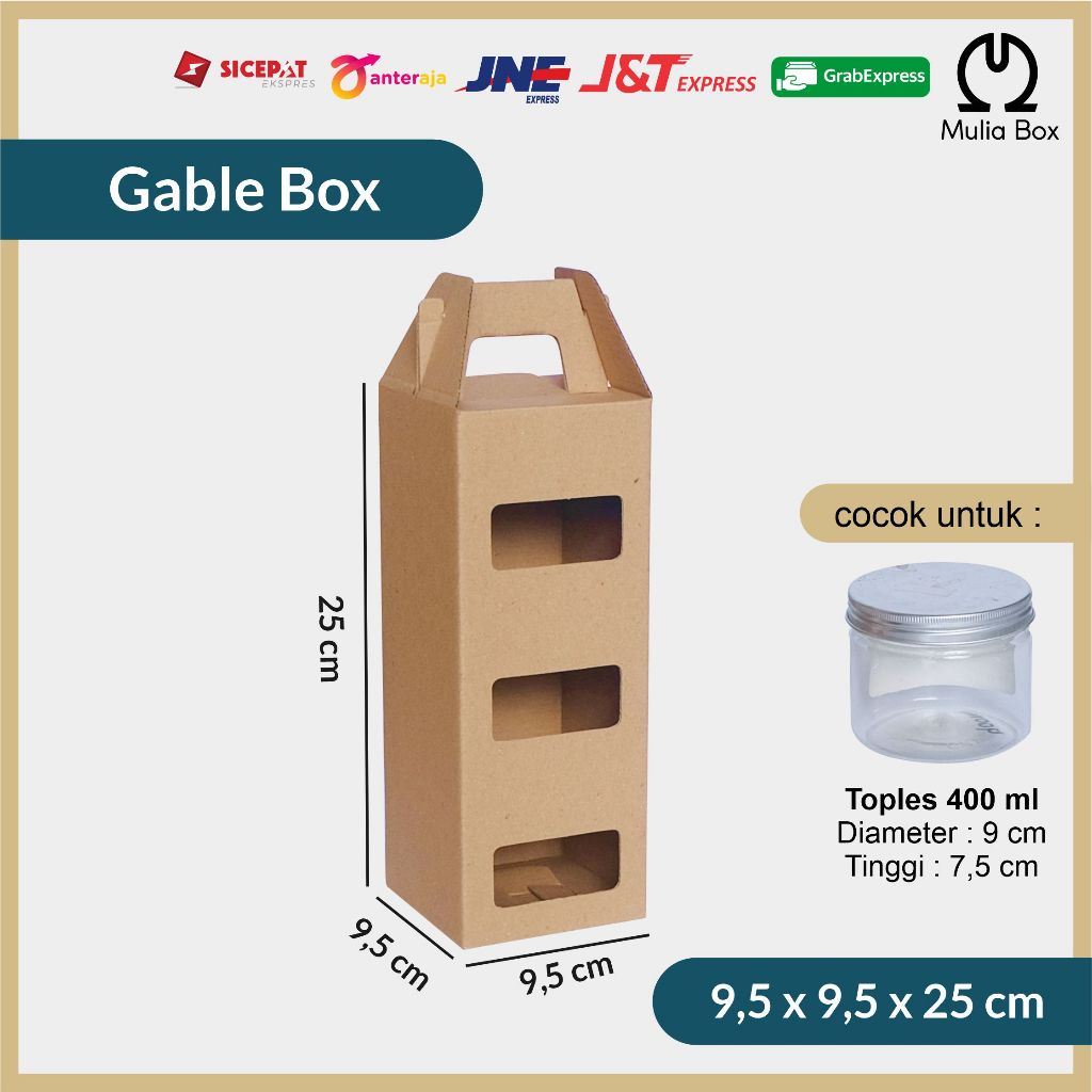 

Kardus Packing Jinjing / Gable Box 9,5 x 9,5 x 25 cm 3 Jar Toples Tabung 400ml Hampers Die Cut
