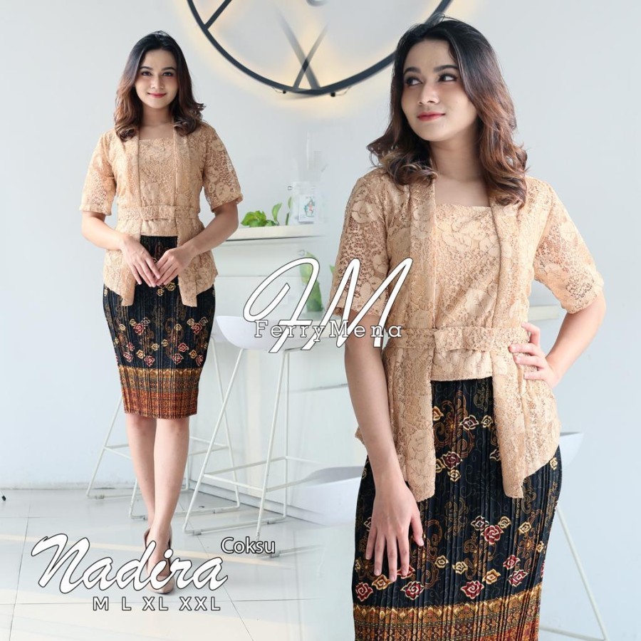 Set Kebaya Brokat Kutu Baru Lengan Pendek Free Pita Kebaya Modern - mocca