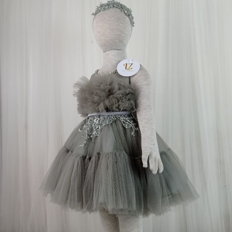 Dress Anak Tulle Gelombang Brokat Payet Sage Green *Luxury Rosanna*