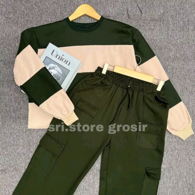 ONESET KIYOWO SWEET PANTS JOOLY UP CARGO WANITA OVERSIZE JUMBO SETELAN SWEATER CROPE WANITA + CARGO