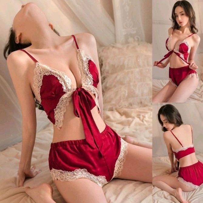 Sexy Lingerie Two Piece Baju Tidur Wanita Satin Baju Tidur Wanita Dewasa D1278MR