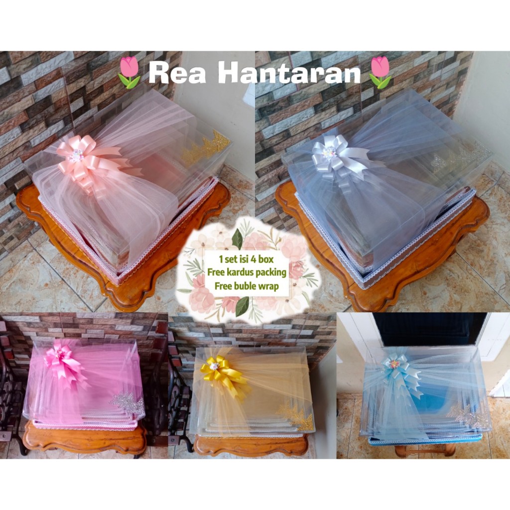 

Kotak seserahan pernikahan mika model tile silang pita - baki hantaran 1 set isi 4 box
