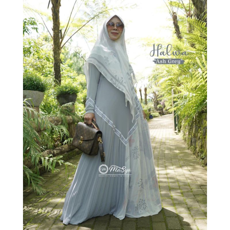 Set Gamis Dress Ceruty Babydoll Printing Premium Syari Branded Merah Maroon - Pink - Abu - Coklat Su