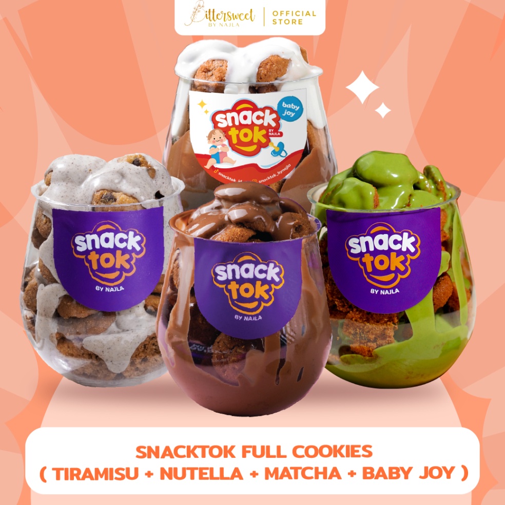 

Promo banting Bittersweet by Najla Bundling 4 Snacktok Full Cookies Nutella Matcha Tiramisu Baby Joy