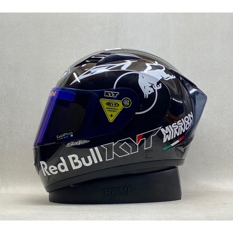 KYT R10 Black Glossy || Paket Ganteng Stiker Redbull Putih Visor Iridium Free Spoiler - Helm Full  S