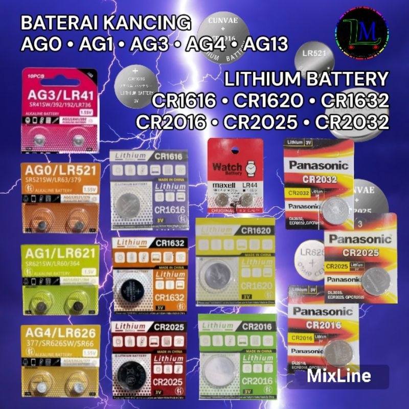 Baterai Kancing LR41, LR44, LR521, LR621, LR626, CR1616, CR1620, CR1632, CR2016, CR2025, CR2032 Butt