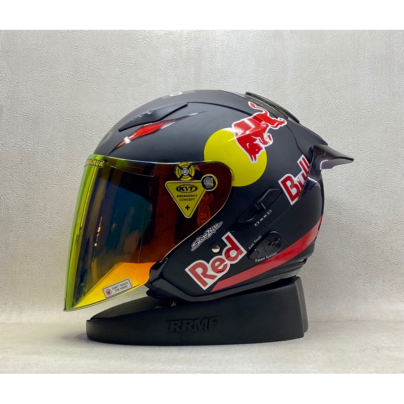 KYT Galaxy Flat R Solid Black Doff || Paket Stiker Redbull Red - Helm Half Face Double Visor
