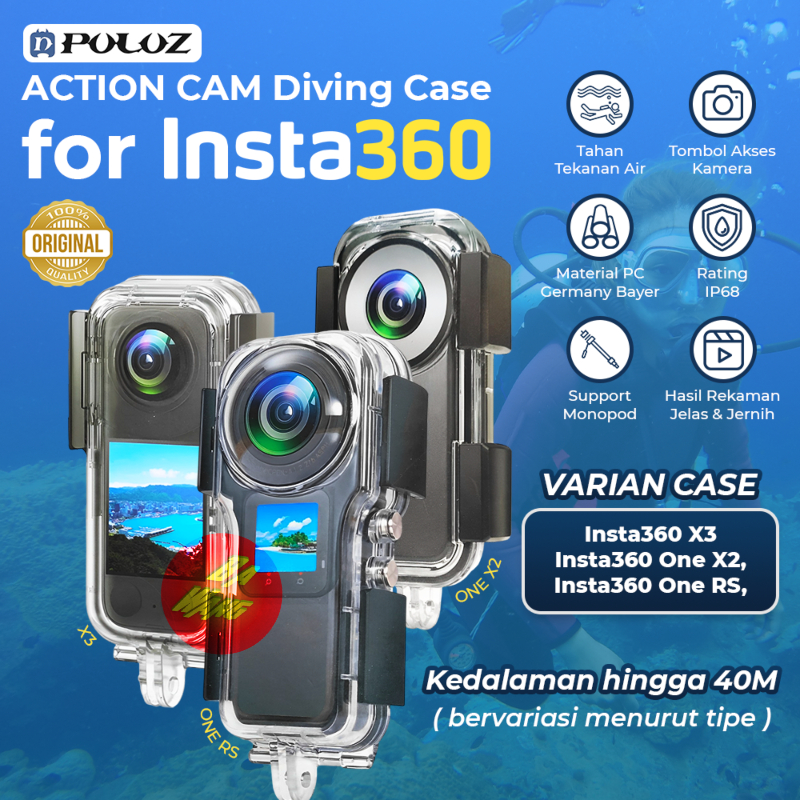 PULUZ Diving Case Cover Transparan Camera Kamera Waterproof Underwater Surving Diving Insta360 X2 ON