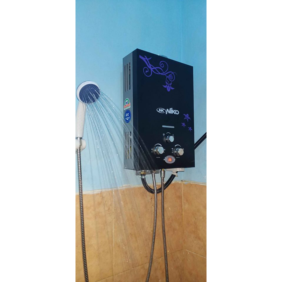 Paket Water Heater Niko Hitam Lengkap Pemanas Air Gas dengan LED untuk Kamar Mandi