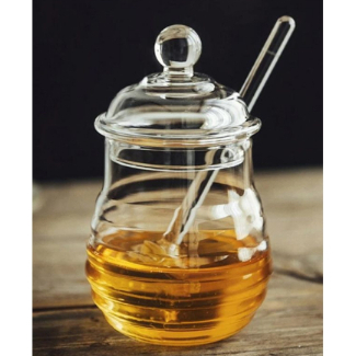 Gelas / Wadah Kaca Tempat Madu dan Selai Borosilicate Glass 250ml Honey Jar + Sendok Oleh Kaca